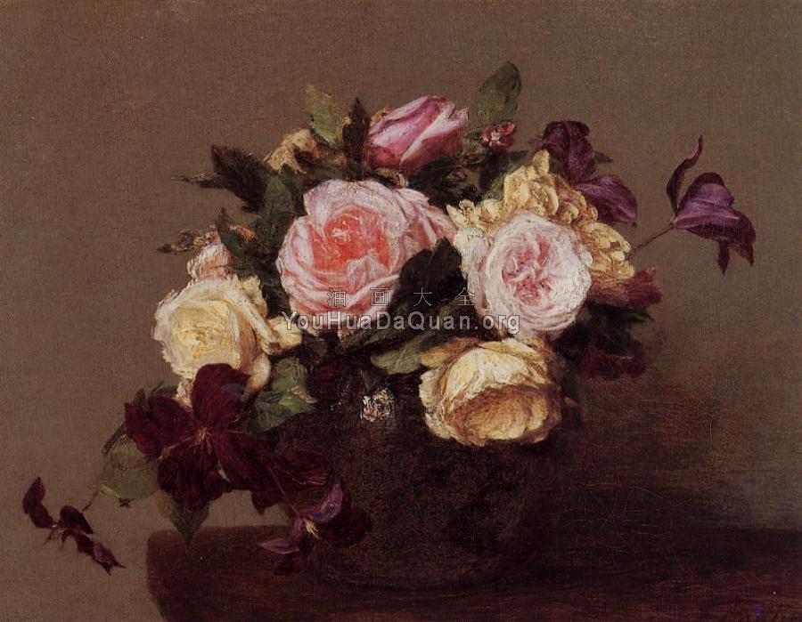 Roses and Clematis - 亨利·方丹·拉图尔